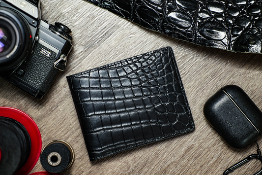 CROCODILE AND FRENCH CHEVRE COMBO BIFOLD WALLET